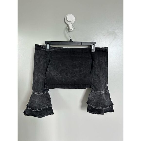 Zara EUC Denim Cropped Off Shoulder Top Ruffled Sleeves Size S - Picture 9 of 15